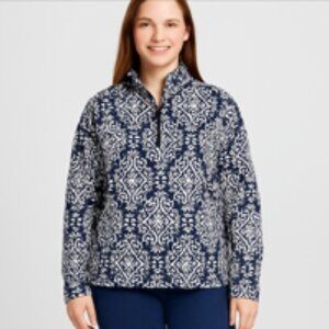 Vera Bradley Quarter-Zip Pullover Navy & White Damask Print, Relaxed Fit